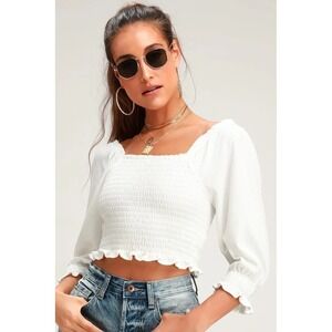 FREE PEOPLE  XS Ivory White Smocked Crop Top Puff Sleeves Summer Beach Brenyce